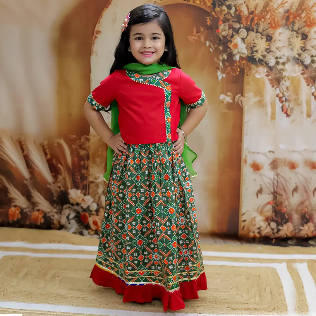 Green and Red Printed Gharara For Girls