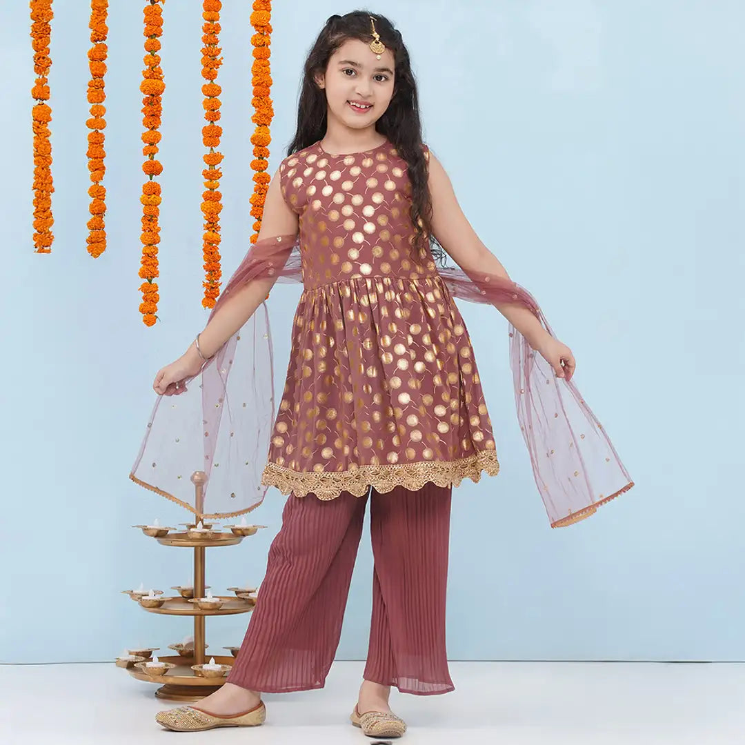 Brown Golden Printed 2 PC Suit For Girls