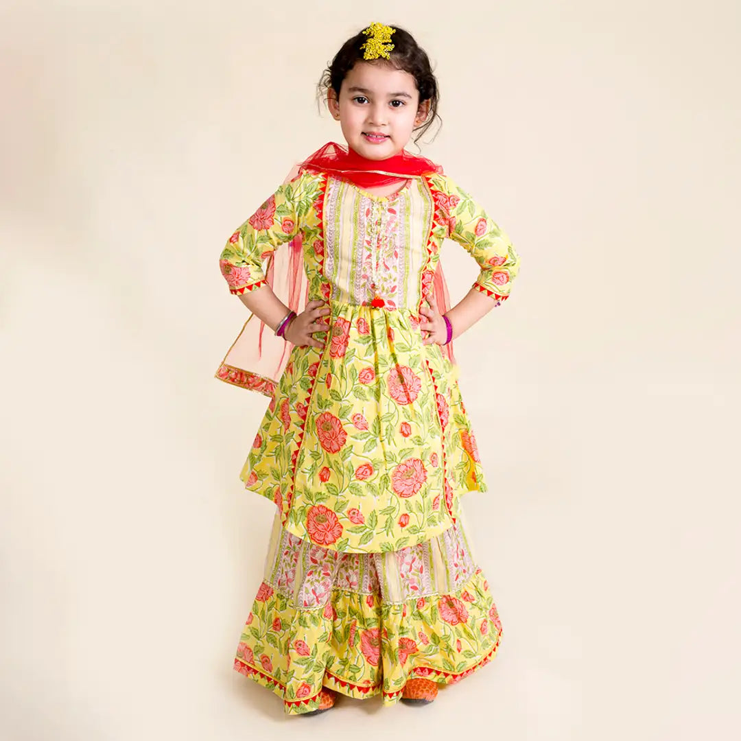 Yellow Printed Sharara For Girls