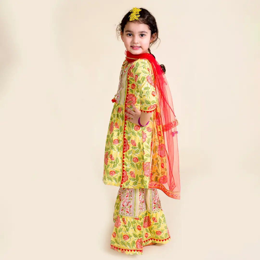 Yellow Printed Sharara For Girls