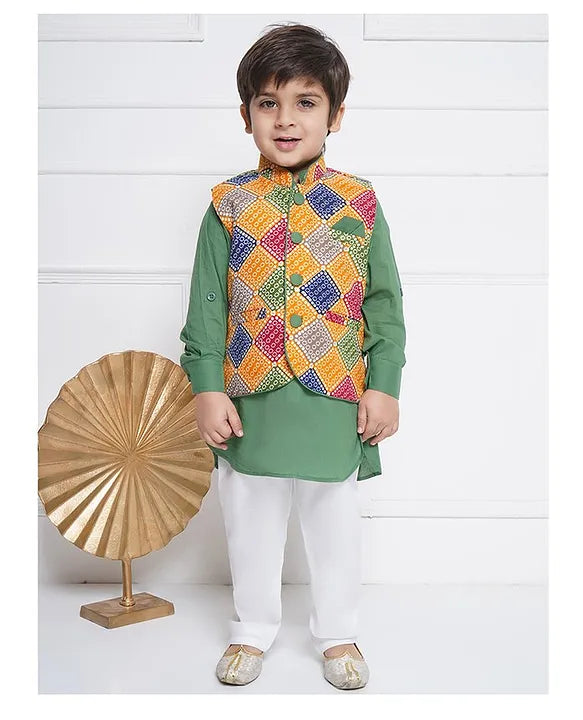 Olive Kurta Shalwar With Waistcoat For Boys